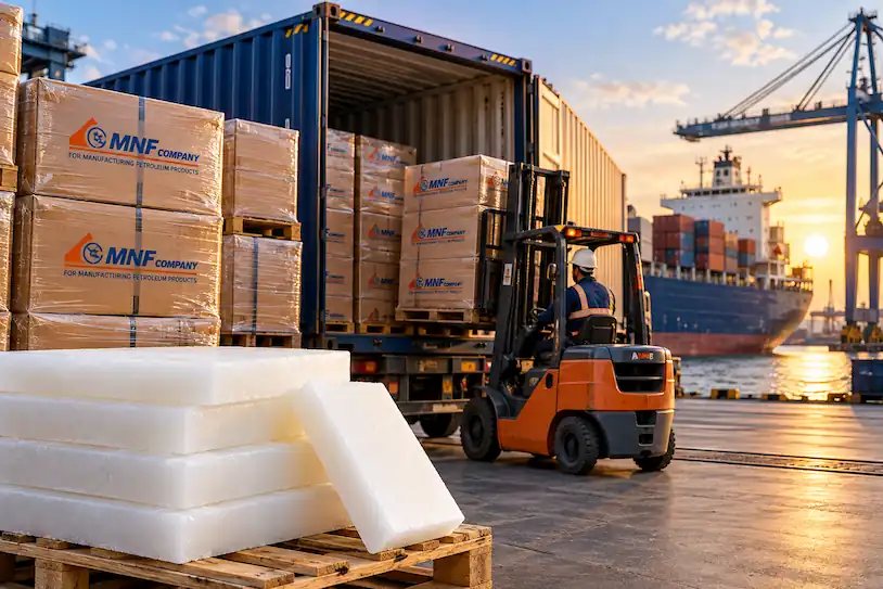 Paraffin wax shipping and export logistics with MNF pallets, container loading and port handling