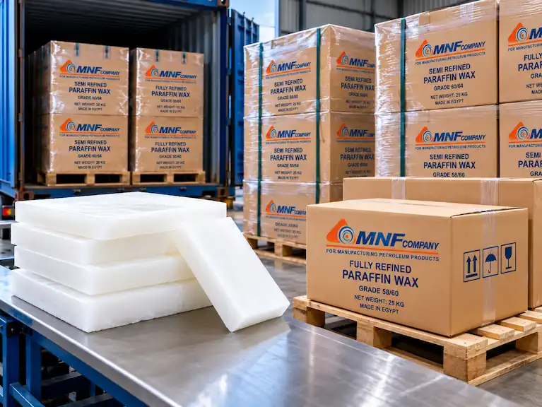 Paraffin wax packaging with slabs, cartons, pallets and export storage at an industrial warehouse