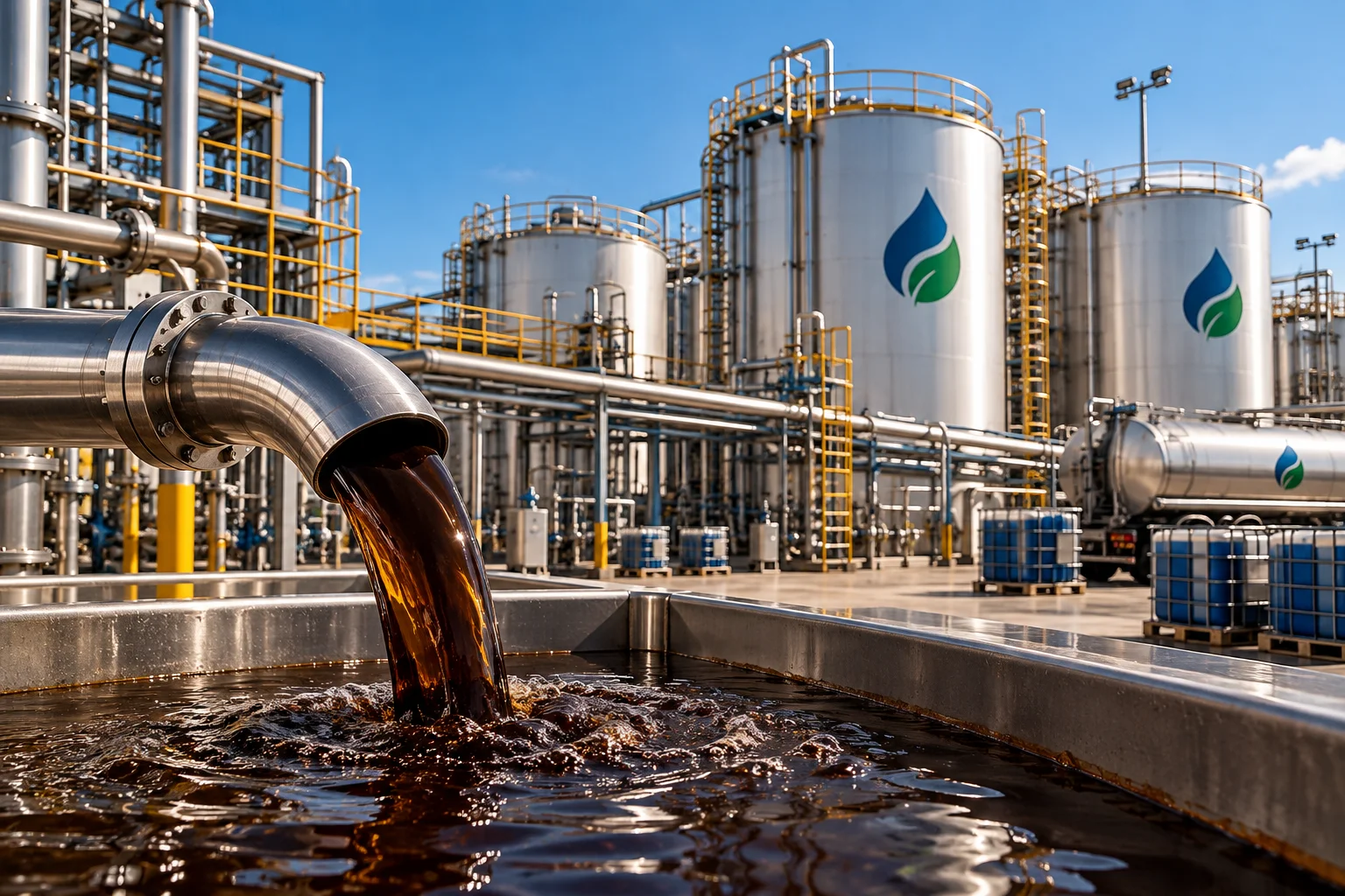 Liquid flowing from a pipe into a large container at a facility