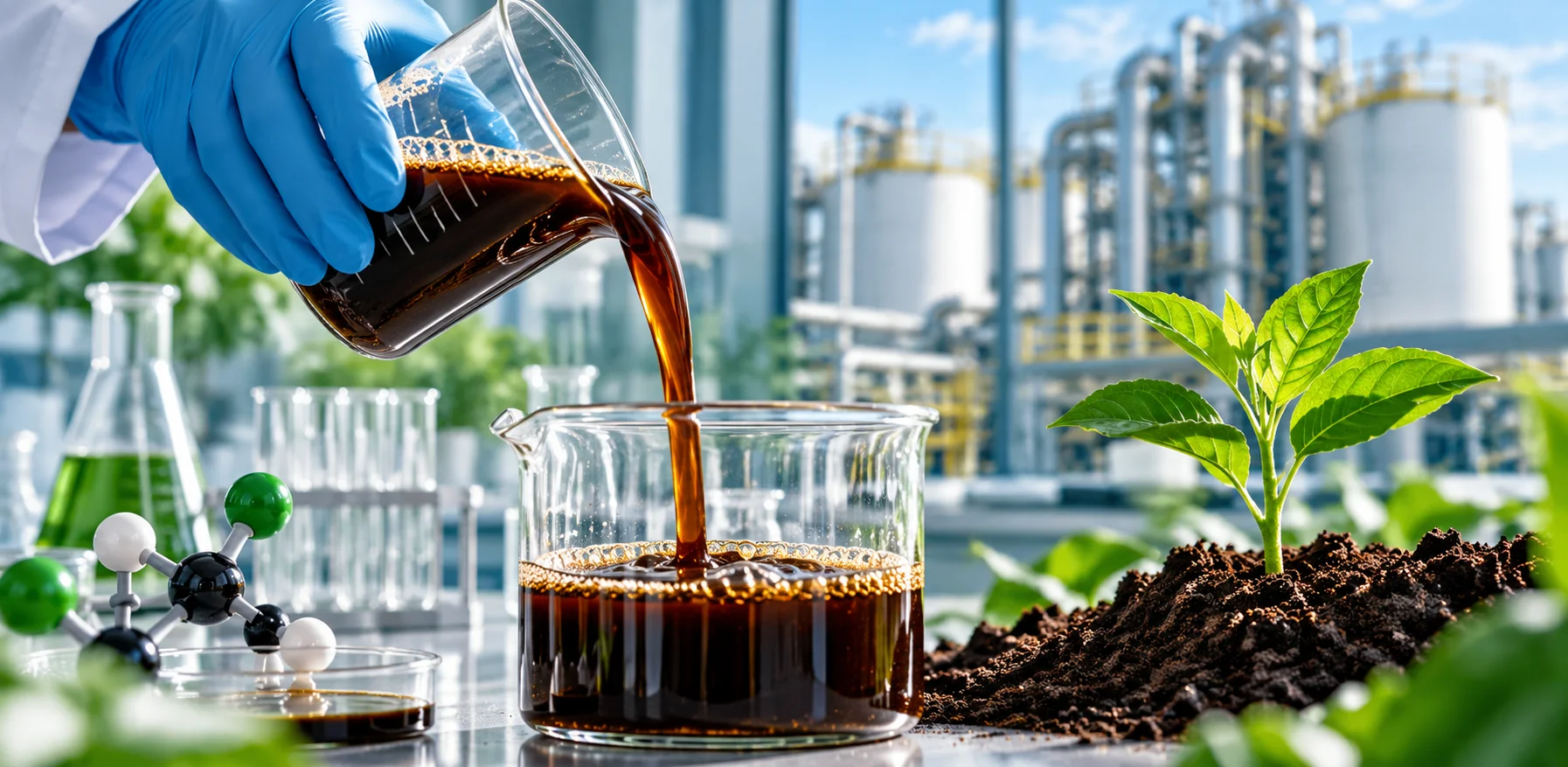 A scientist pours dark liquid into a beaker beside a green plant.