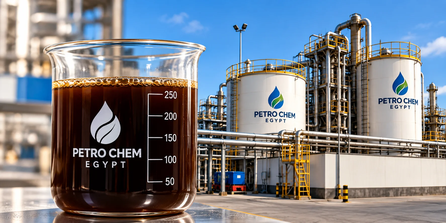 Beaker with dark liquid in front of Petro Chem Egypt industrial site