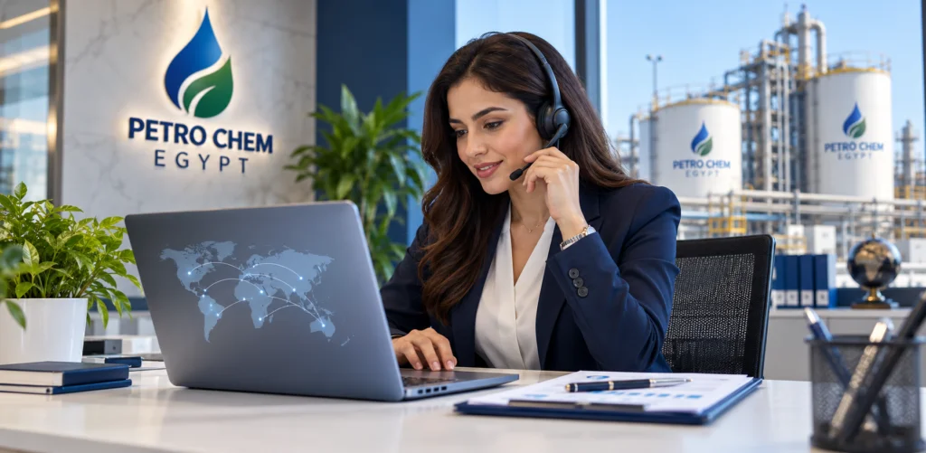 Woman in headset working on laptop in office with Petro Chem Egypt logo