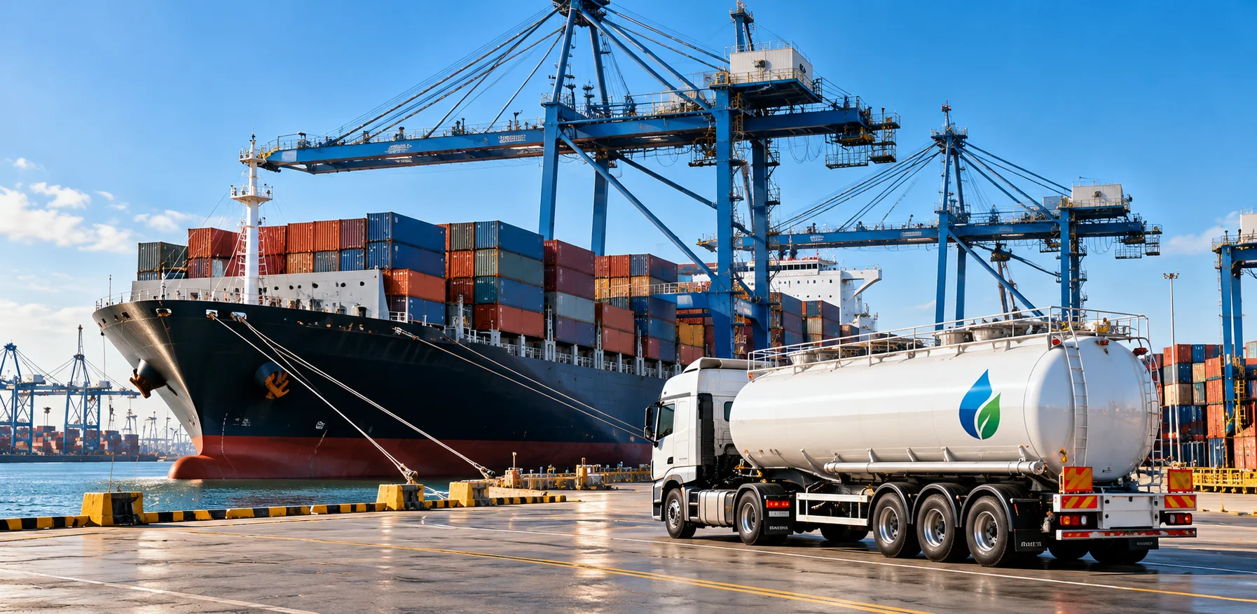 Container ship docked at port with a fuel truck nearby