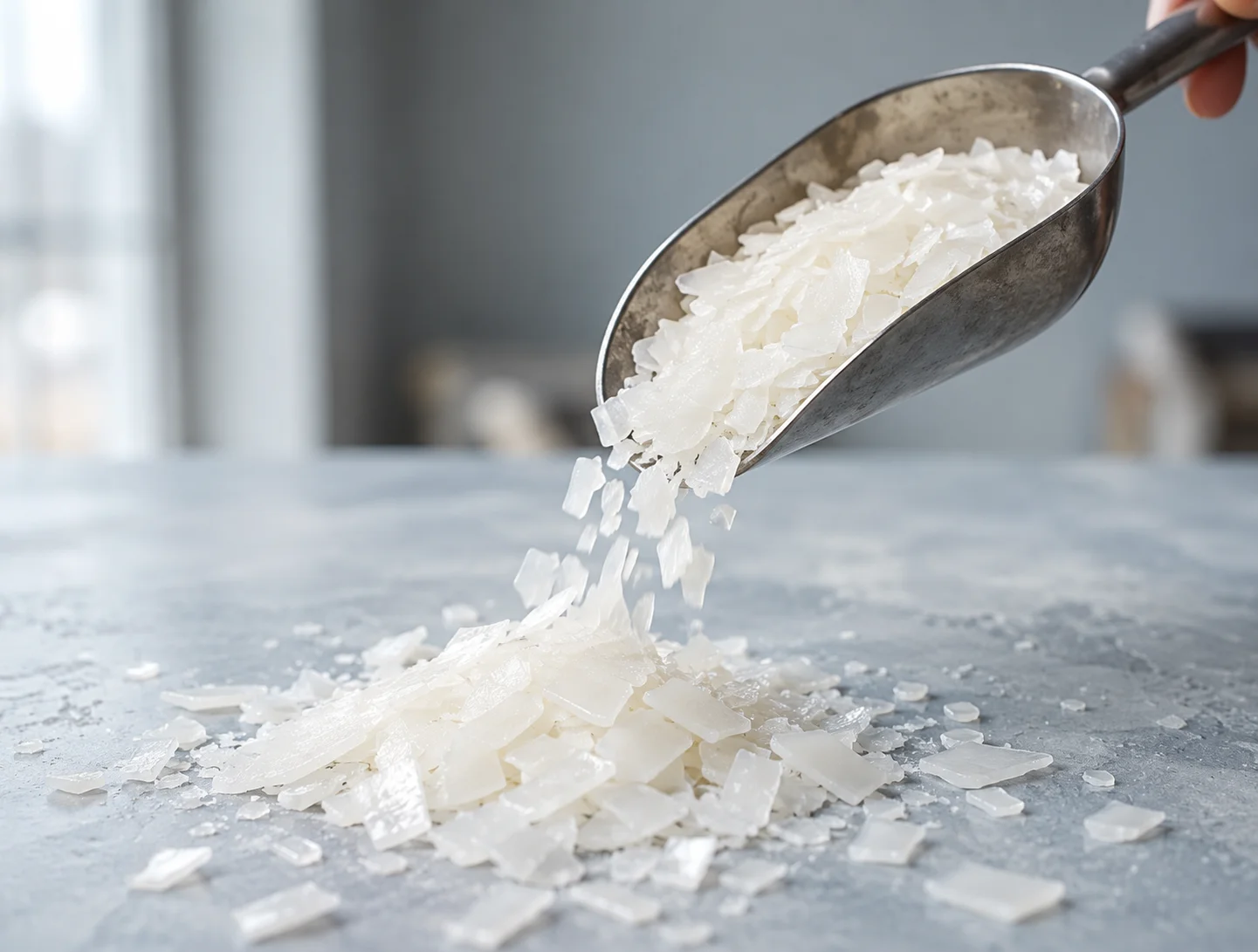 A metal scoop pouring white crystalline flakes onto a surface.
