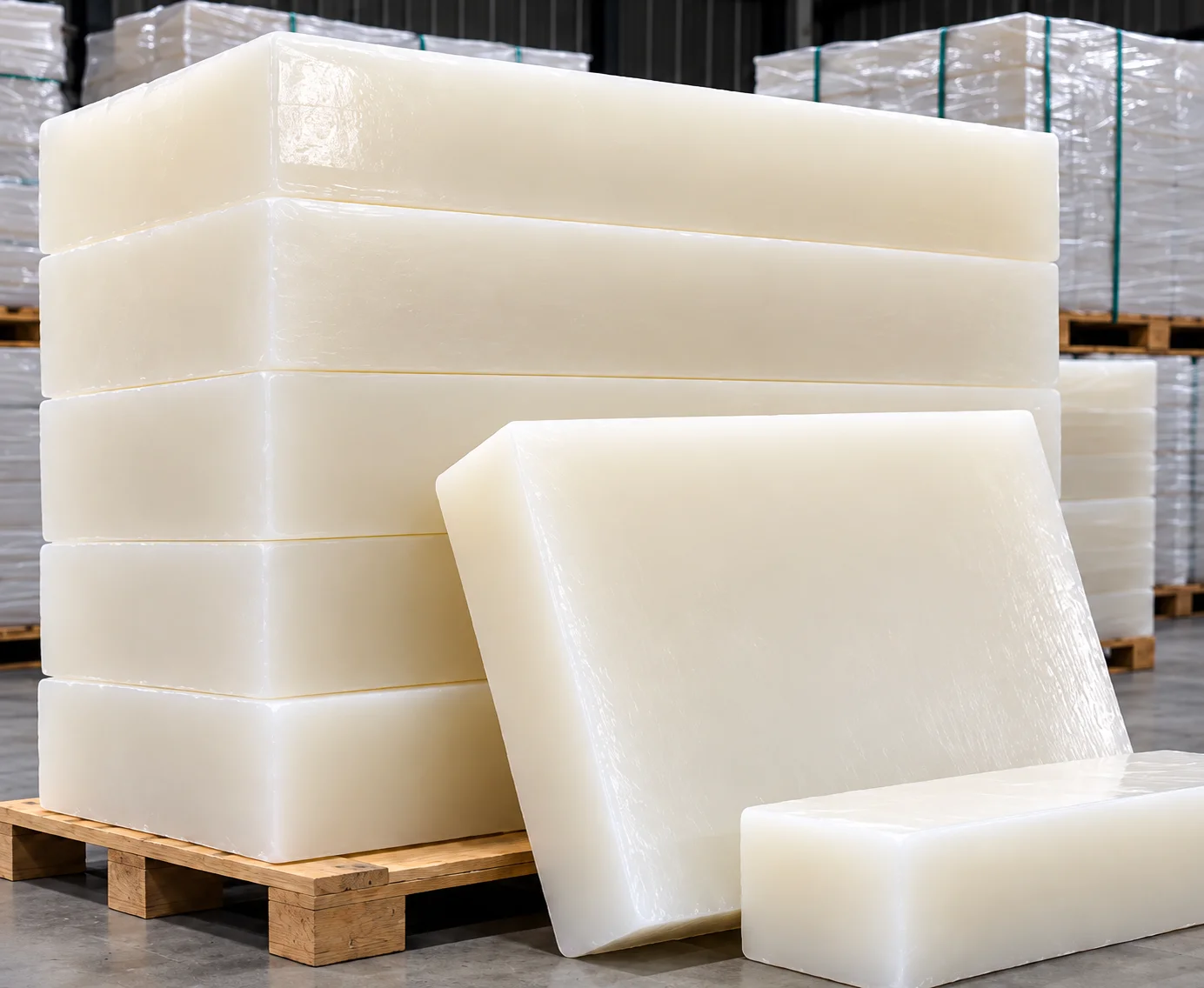 Stacks of semi refined paraffin wax blocks on wooden pallets