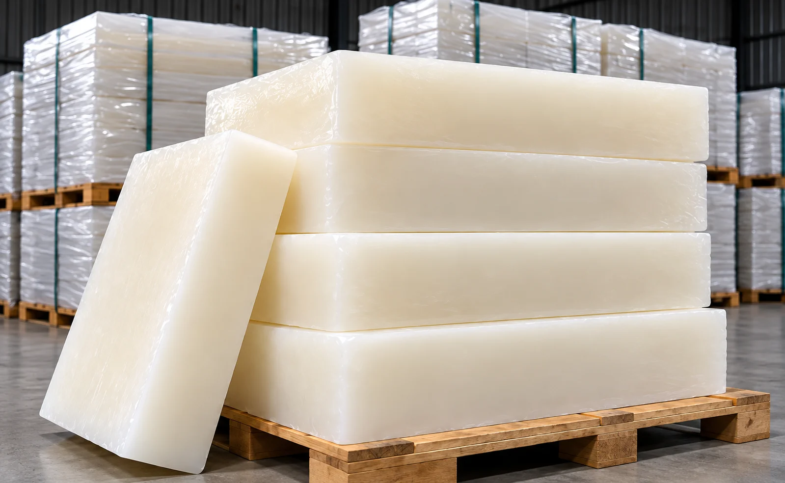 Stacked blocks of semi refined paraffin wax in a warehouse