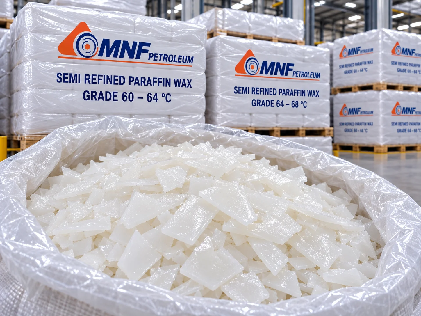 Bag of semi refined paraffin wax pieces in a warehouse setting